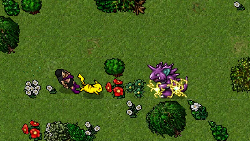 A trainer and his Pikachu fighting a wild Nidoking in the grassland