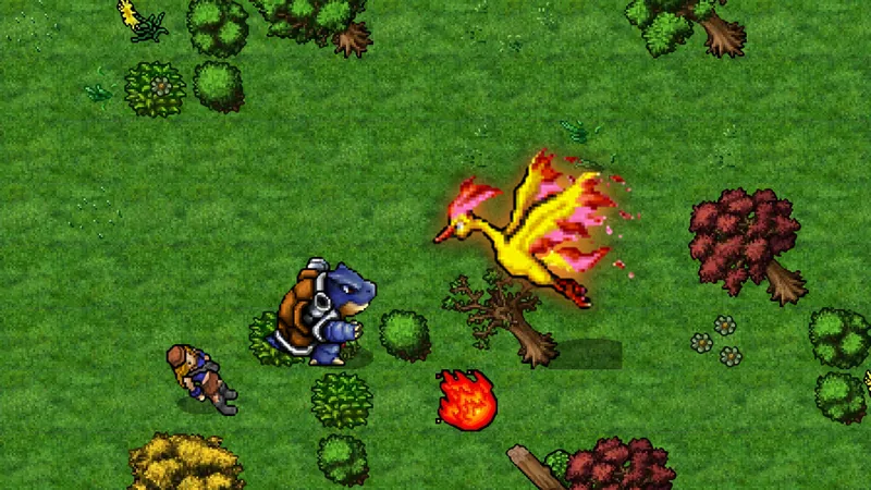 A giant Moltres facing a trainer and his Blastoise