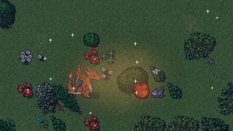 Charizard hunting alone at night in the grassland