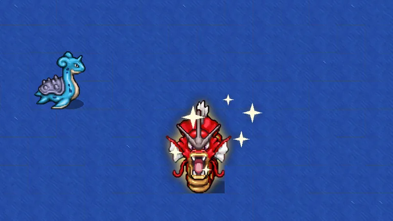 A red shiny Gyarados glowing in a lake