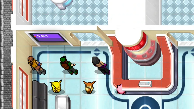 Trainers watching a live screen inside the Pokémon Center